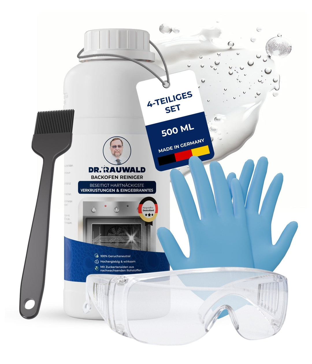 Dr. Rauwald Backofenreiniger Gel [500 ml] - Set inkl. Pinsel, Handschuhe & Schutzbrille – Extra stark gegen Verkrustungen – Made in Germany - Dr. Rauwald - Reinigungsmittel Made in Germany