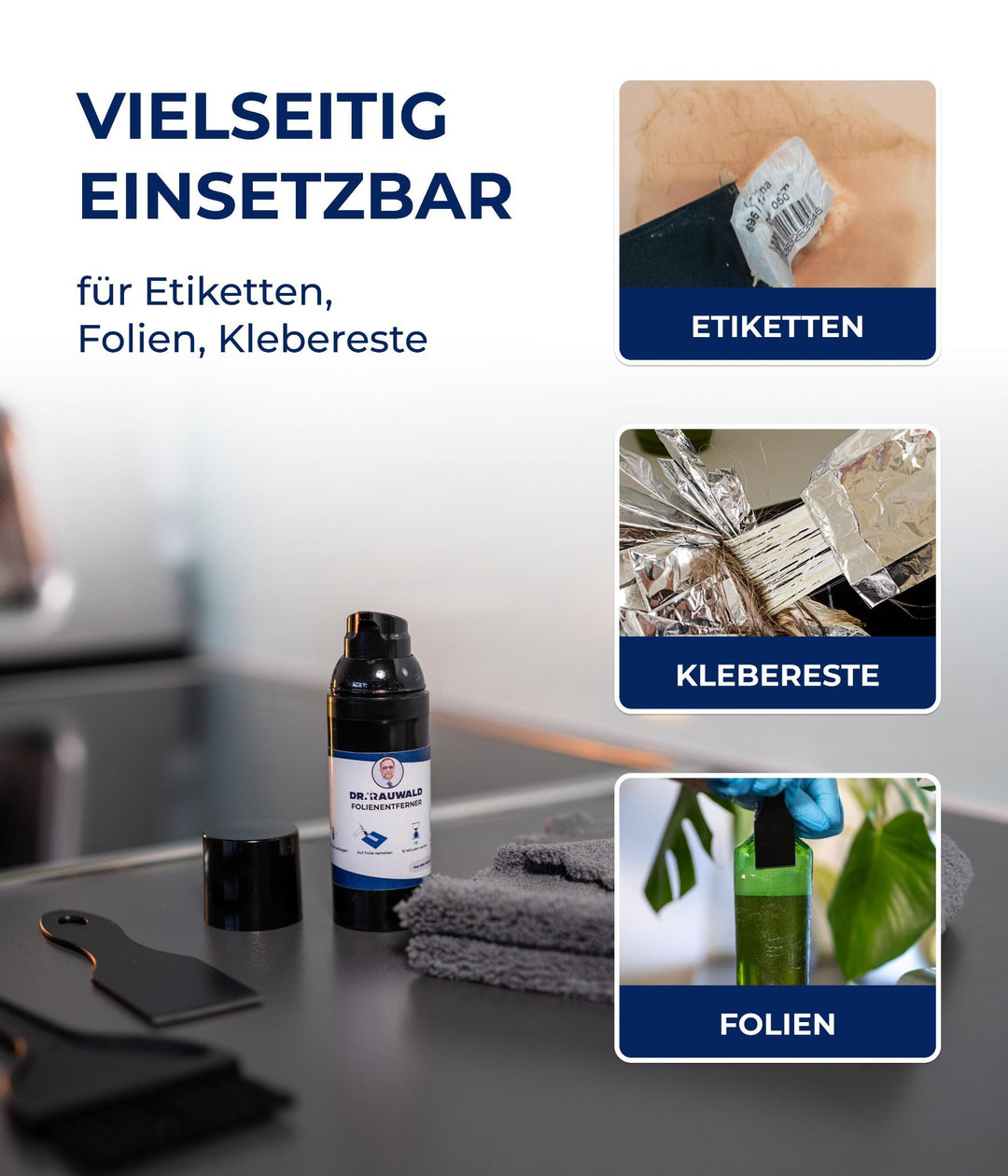Dr. Rauwald Folienentferner - Set [4 - teilig] – Aufkleber & Folien sicher vom Auto entfernen – Made in Germany - Dr. Rauwald - Reinigungsmittel Made in Germany