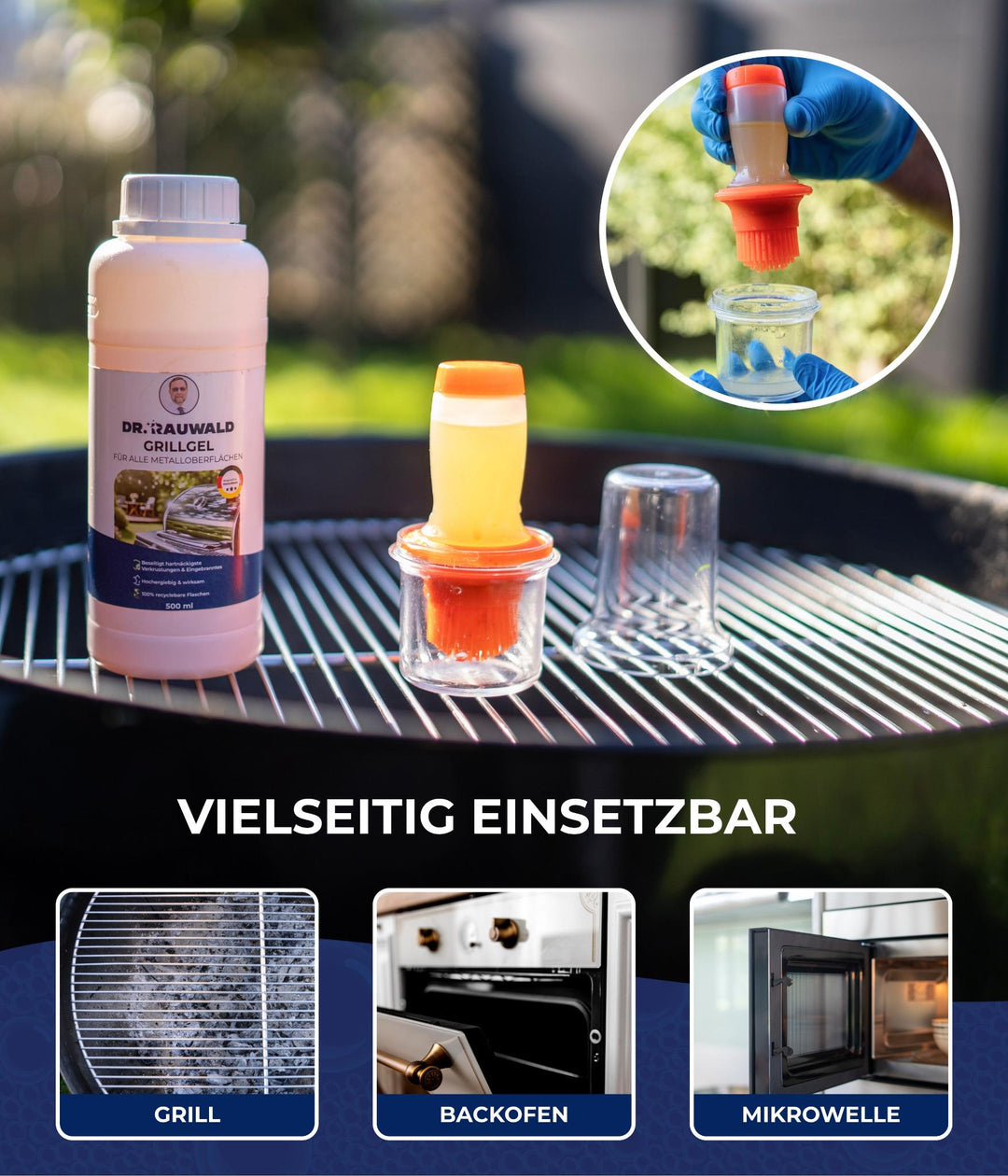 Dr. Rauwald Grillgel – BBQ - Reiniger [500 ml] - Set mit dosierbarem Silikonpinsel & Handschuhen – Effektiv gegen Grillverschmutzungen – Made in Germany - Dr. Rauwald - Reinigungsmittel Made in Germany