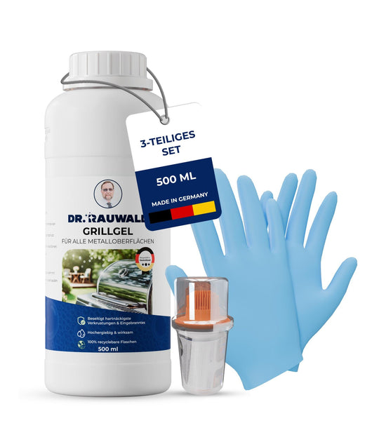 Dr. Rauwald Grillgel – BBQ - Reiniger [500 ml] - Set mit dosierbarem Silikonpinsel & Handschuhen – Effektiv gegen Grillverschmutzungen – Made in Germany - Dr. Rauwald - Reinigungsmittel Made in Germany