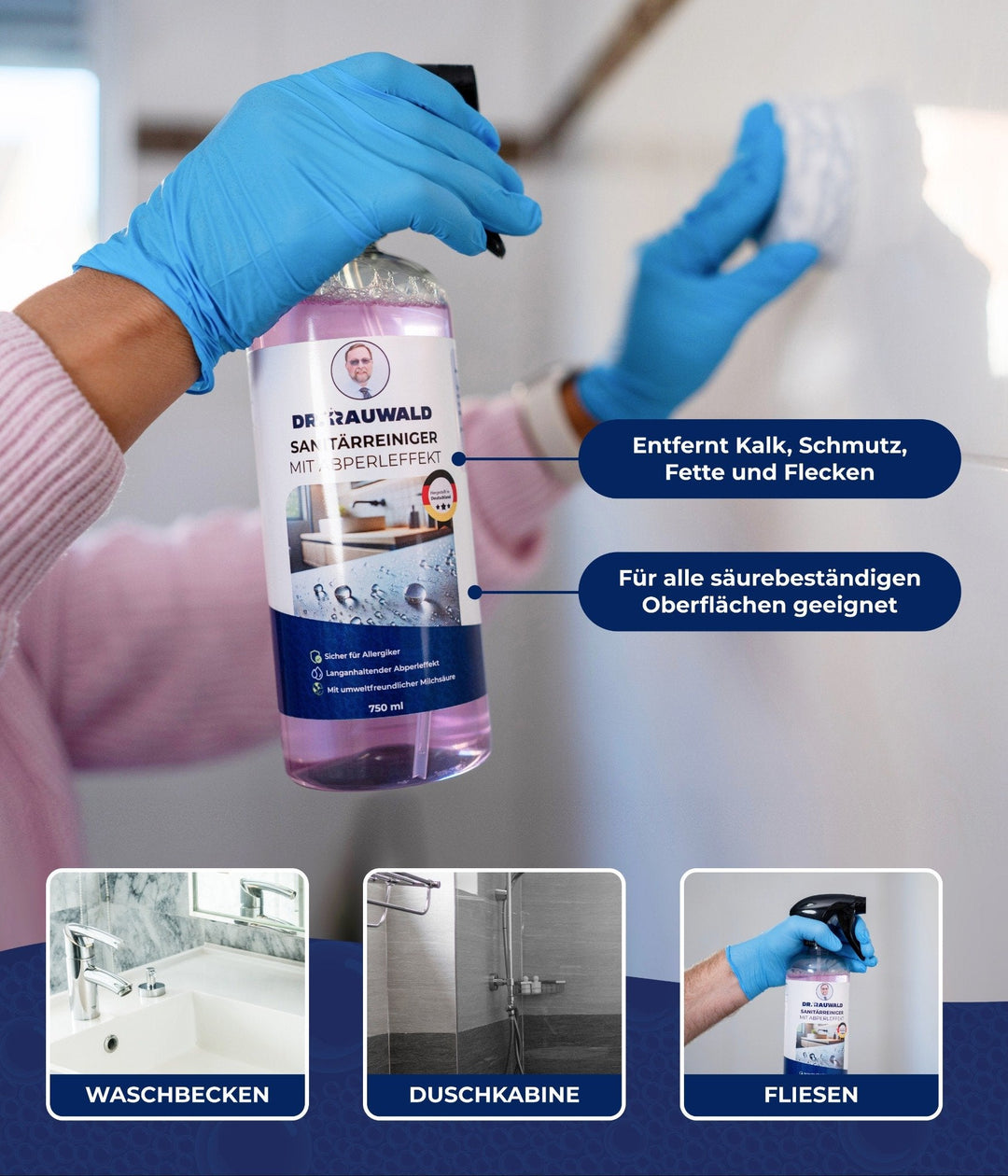 Dr. Rauwald Sanitärreiniger [750 ml] – Badreiniger mit Abperleffekt – Entfernt Kalk & Schmutz mühelos – Umweltfreundlich & gebrauchsfertig – Made in Germany - Dr. Rauwald - Reinigungsmittel Made in Germany